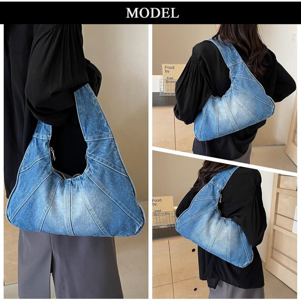 Denim Hobo Tote Bag Women Zipper Closure Multi-Purpose Casual Fashion - Picture 2 of 7